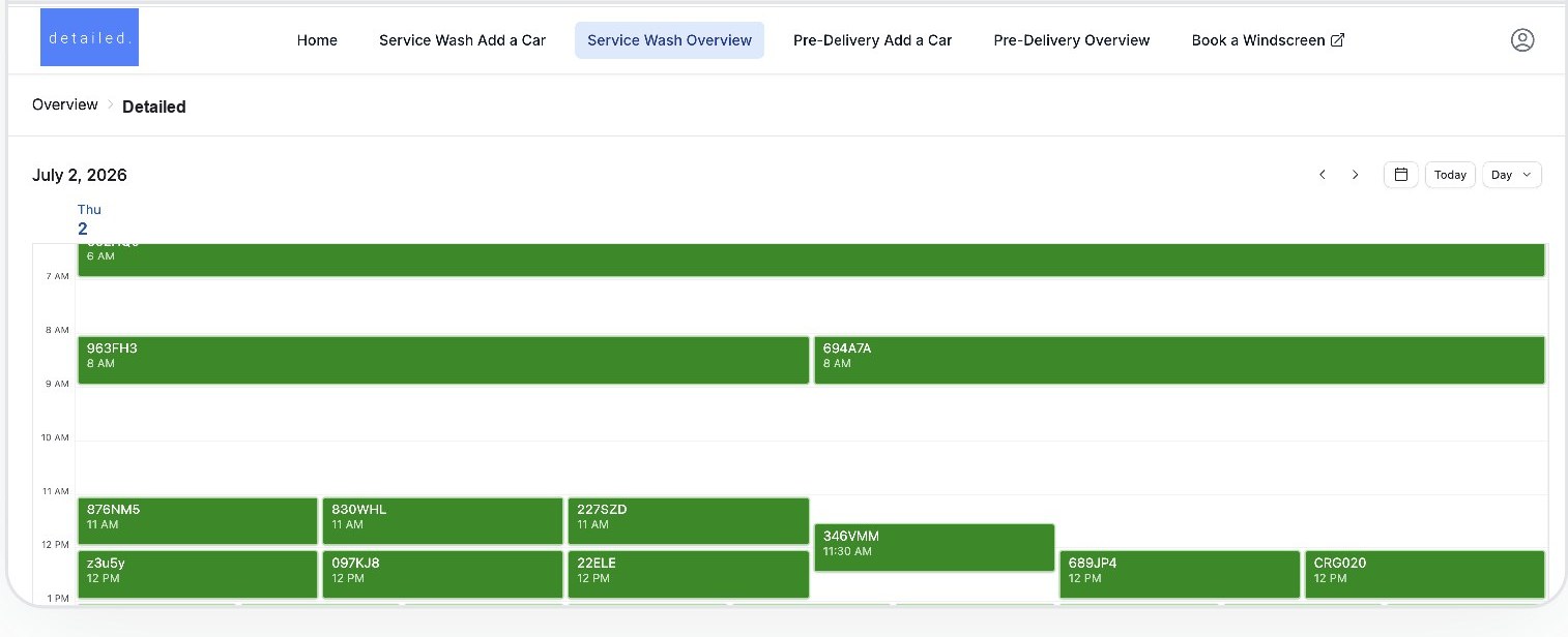 CarTracker dashboard showing the live service wash schedule for Detailed